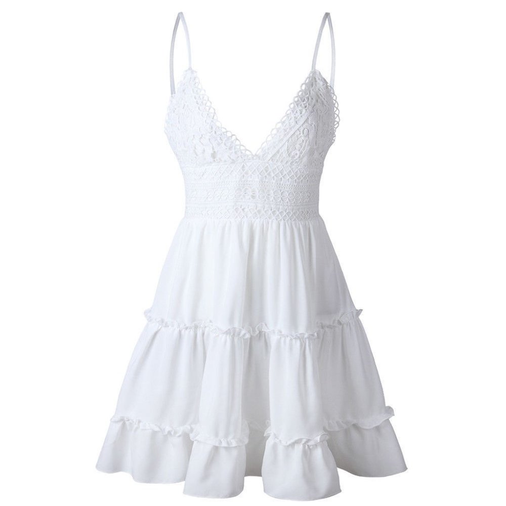 Boho Summer Sexy Strappy Lace White Mini Dress - Picture 4 of 6